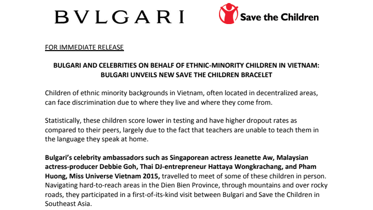 Bulgari and Celebrities on Behalf of Ethnic-Minority Children in Vietnam