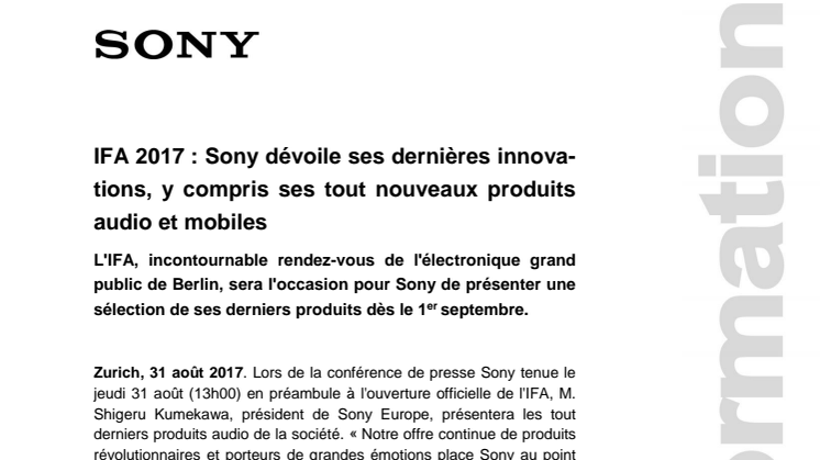 IFA 2017 : Sony dévoile ses dernières innovations, y compris ses tout nouveaux produits audio et mobiles