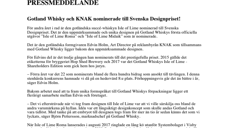 Gotland Whisky och Edvin Holm på reklambyrån KNAK nominerade till Svenska Designpriset 2018