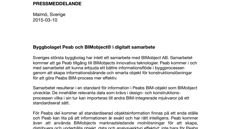 Byggbolaget Peab och BIMobject® i digitalt samarbete