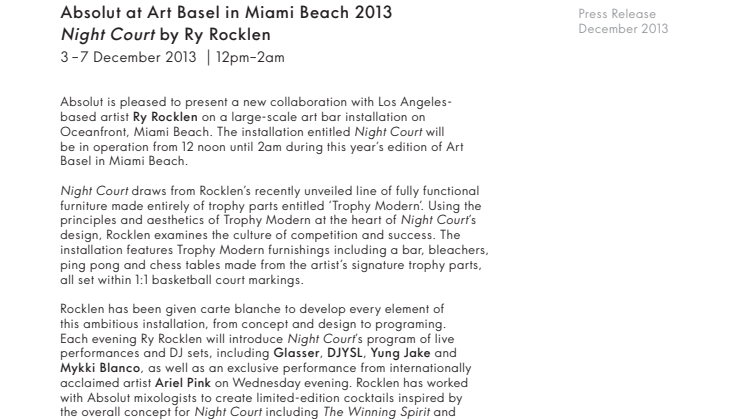 Absolut at Art Basel in Miami Beach 2013 - Night Court by Ry Rocklen