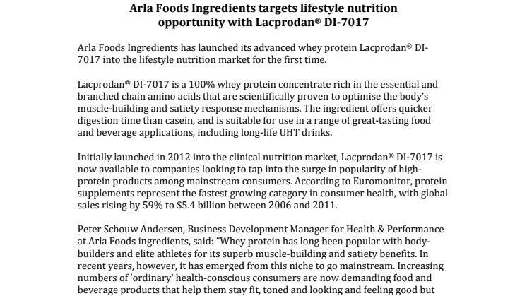 Arla Foods Ingredients targets lifestyle nutrition opportunity with Lacprodan® DI-7017