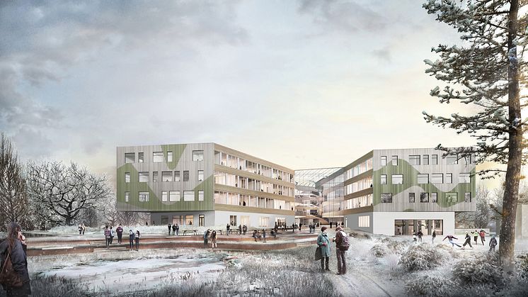 Nye Horten videregående skole, som åpner til skolestart til høsten, blir Norges mest moderne og høyest miljøklassifiserte utdanningsbygg.  Ill: Brick Visual