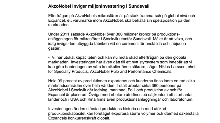 Pressmeddelande: AkzoNobel inviger miljoninvestering i Sundsvall
