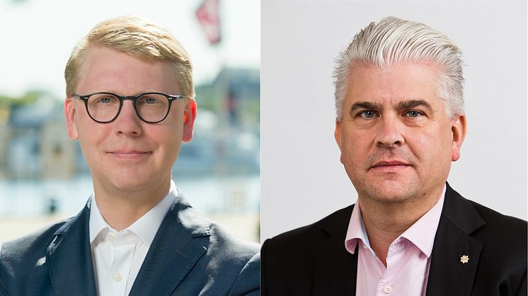 Kristoffer Tamsons (M), trafikregionråd Region Stockholm och ordförande Mälardalsrådet och Fredrik Larsson (M), regionstyrelsens ordförande Region Värmland. Foto: Region Stockholm och Region Värmland.