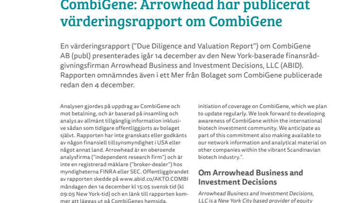 Arrowhead har publicerat värderingsrapport om CombiGene