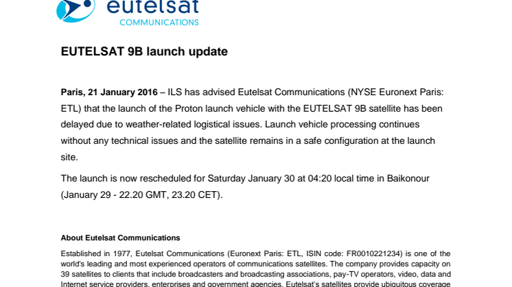 EUTELSAT 9B launch update