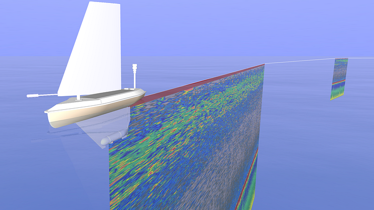 Blue Insight 3D visualization. The echogram shows a zooplankton layer in green