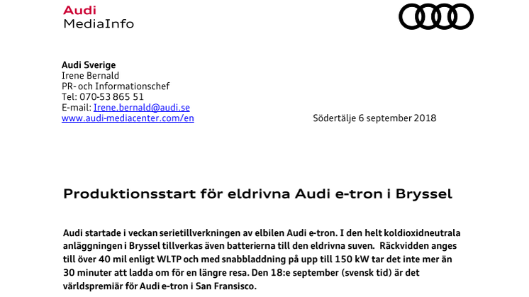 Produktionsstart för eldrivna Audi e-tron i Bryssel