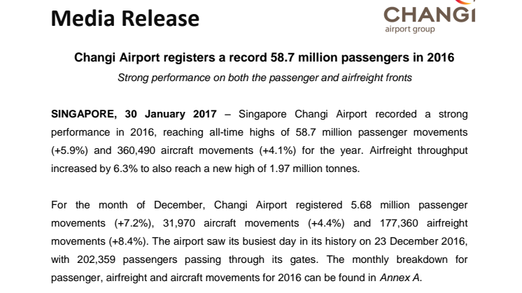 Changi Airport registers a record 58.7 million passengers in 2016