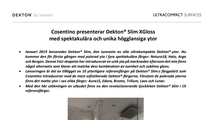 Cosentino presenterar Dekton® Slim XGloss med spektakulära och unika högglansiga ytor