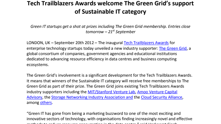 Tech Trailblazers Awards welcome The Green Grid’s support of Sustainable IT category