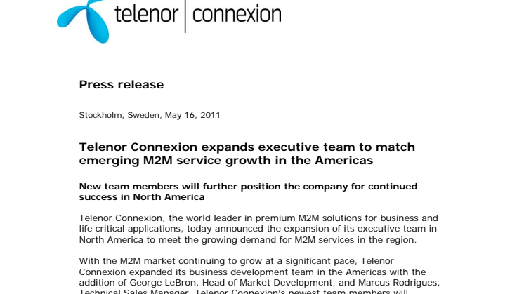 Telenor Connexion expands executive team to match emerging M2M service growth in the Americas