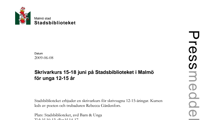 Skrivarkurs 15-18 juni på Stadsbiblioteket i Malmö för unga 12-15 år