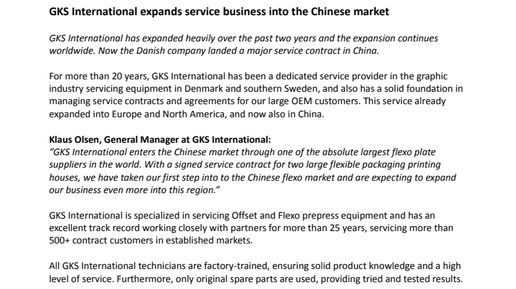 GKS International expands service business into the Chinese market