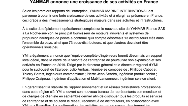 YANMAR Annonce une Croissance de ses Activités en France