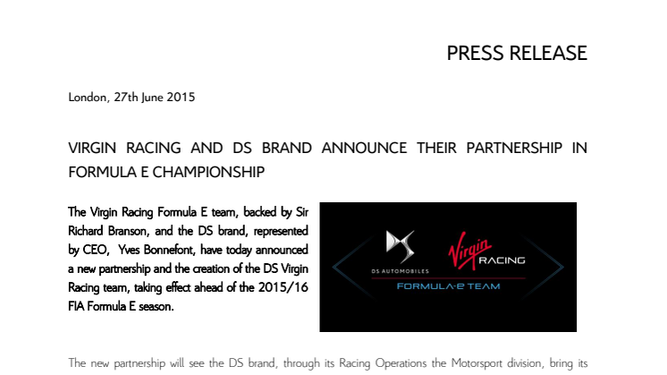DS Automobiles och Virgin Racing nya partners i FIA Formula E