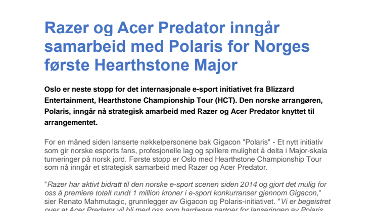 ​Razer og Acer Predator inngår samarbeid med Polaris for Norges første Hearthstone Major