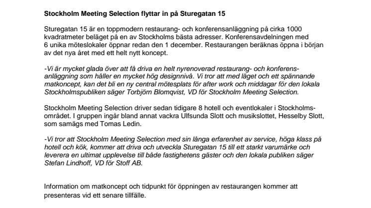 Stockholm Meeting Selection flyttar in på Sturegatan 15