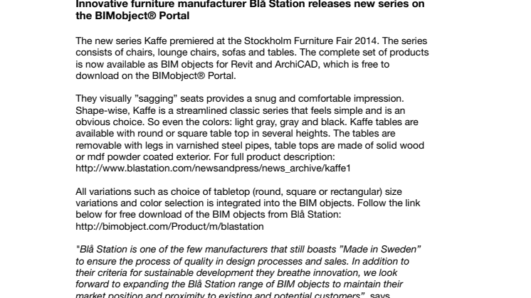 Innovative furniture manufacturer Blå Station releases new series on the BIMobject® Portal