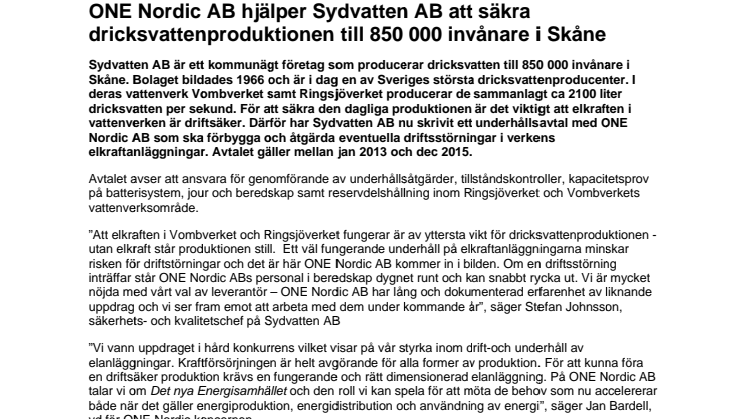 ONE Nordic AB hjälper Sydvatten AB att säkra dricksvattenproduktionen till 850 000 invånare i Skåne