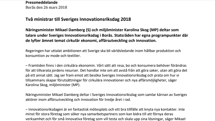 ​Två ministrar till Sveriges Innovationsriksdag 2018