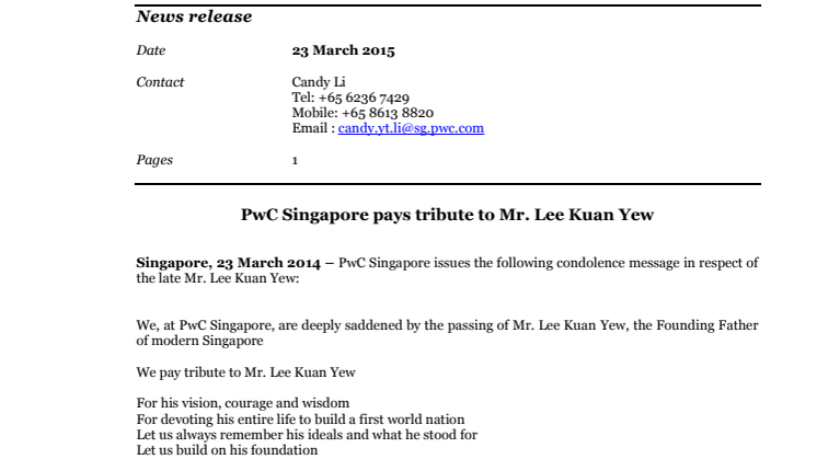 PwC Singapore pays tribute to Mr. Lee Kuan Yew