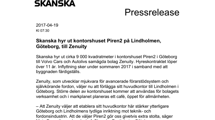 Skanska hyr ut kontorshuset Piren2 på Lindholmen, Göteborg, till Zenuity