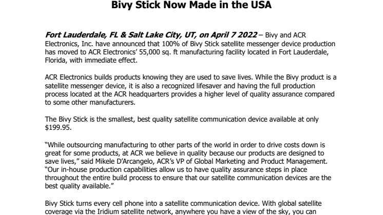April 7 2022 - Bivy Stick Now Made in the USA.pdf