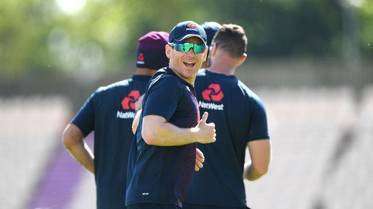 England white-ball captain Eoin Morgan shares a joke with team mates during England nets. (Getty Images)
