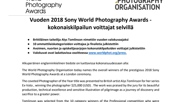 Vuoden 2018 Sony World Photography Awards -kokonaiskilpailun voittajat selvillä