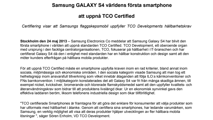 Samsung GALAXY S4 världens första smartphone att uppnå TCO Certified