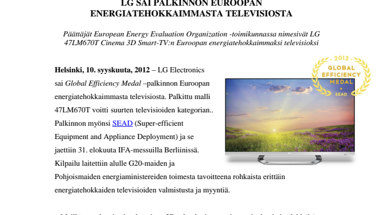LG sai palkinnon Euroopan energiatehokkaimmasta televisiosta