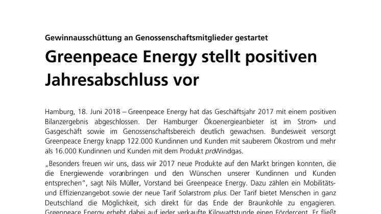 Greenpeace Energy stellt positiven Jahresabschluss vor: Gewinnausschüttung an Genossenschaftsmitglieder gestartet 