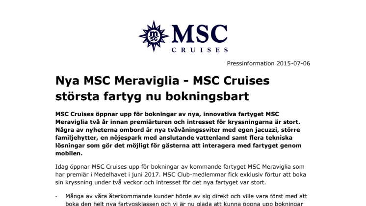 Nya MSC Meraviglia - MSC Cruises största fartyg nu bokningsbart
