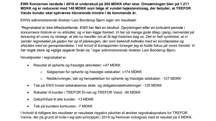 EWII afslutter oprydning med årsregnskab for 2018 og kigger fremad