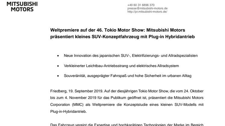 Weltpremiere auf der 46. Tokio Motor Show: Mitsubishi Motors präsentiert kleines SUV-Konzeptfahrzeug mit Plug-in Hybridantrieb