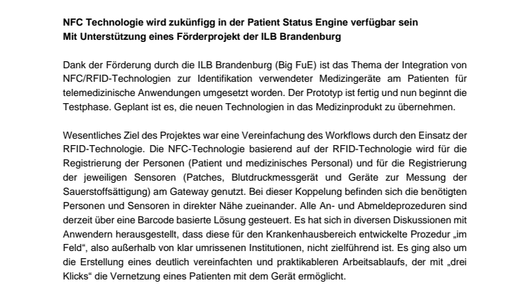 NFC Technologie wird zukünfigg in der Patient Status Engine verfügbar sein Mit Unterstützung eines Förderprojekt der ILB Brandenburg