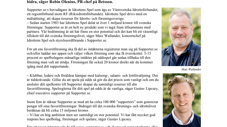 Betsson, NordicBet, Betsafe klara för Supporter.se – ger 5-15 procent av intäkterna på oddsspel till svenska idrottsklubbar 