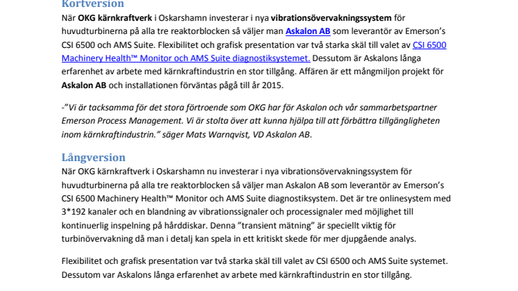 OKG kärnkraftverk investerar i CSI 6500 turbinövervakning från Askalon AB
