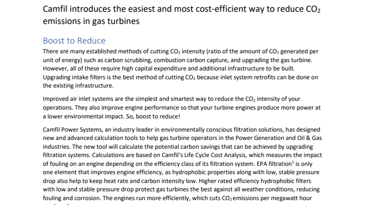 Camfil introduces the easiest and most cost-efficient way to reduce gas turbine CO₂ emissions