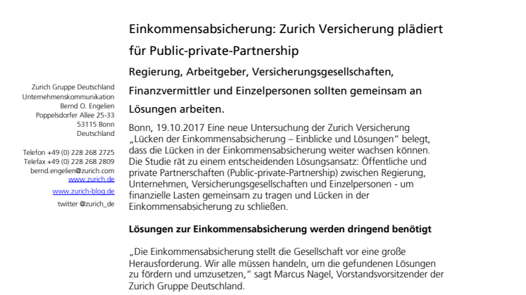 Einkommensabsicherung: Zurich Versicherung plädiert für Public-private-Partnership