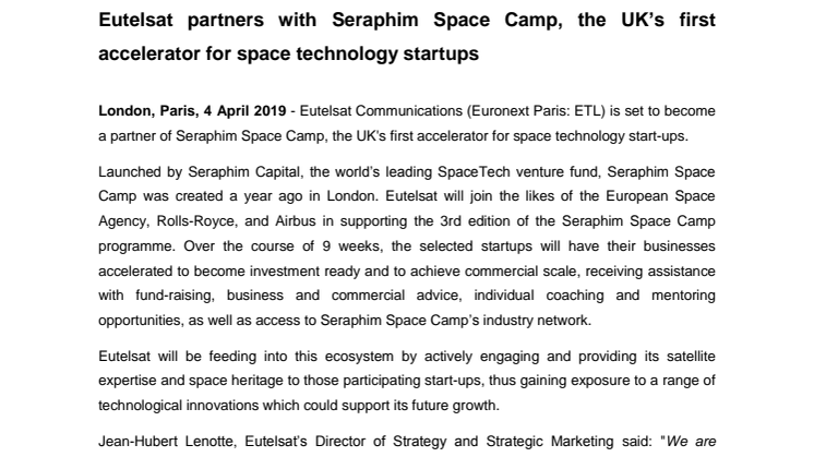 ​​Eutelsat partners with Seraphim Space Camp, the UK’s first accelerator for space technology startups