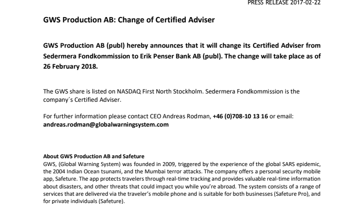  GWS Production AB: Change of Certified Adviser