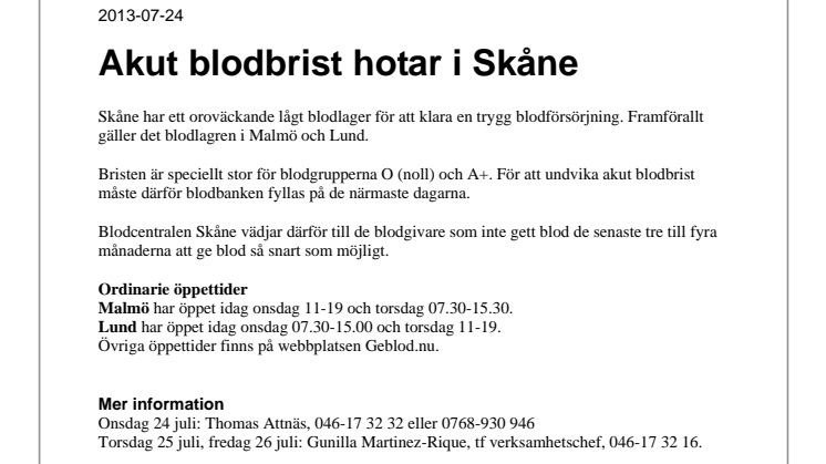 Akut blodbrist hotar i Skåne