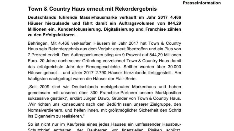 Franchise-Unternehmen Town & Country Haus erneut mit Rekordergebnis