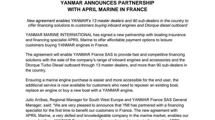 YANMAR Announces Partnership with APRIL Marine in France