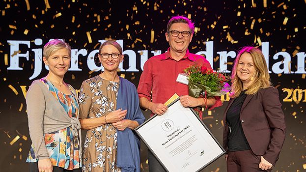 Från vänster Malin Zillinger, Stiftelsen för kunskapsfrämjande inom Turism, Gunilla Nordlöf, gd Tillväxtverket, Mats Thorburn, Fjärdhundraland samt Jennie Nilsson, landsbygdsminister. Foto: Ulf Berglund