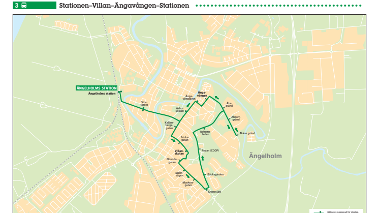 Stadsbuss linje 3 i Ängelholm, karta och tidtabelle, gäller från 13 augusti 2017