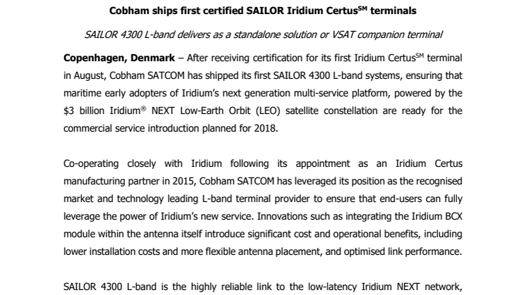 Cobham SATCOM: Cobham ships first certified SAILOR Iridium Certus(SM) terminals